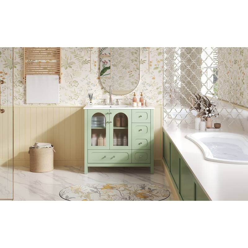 GDFStudio - Fairwater Modern Bathroom Vanity with Waffle Glass Soft-Closing Doors, 4 Storage Drawers and Ceramic Sink - 36'W