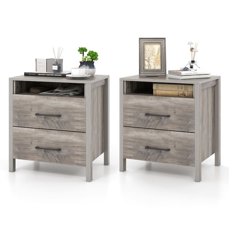 Gymax 2 PCS Nightstand w/ 2 Drawers Farmhouse Bed Side Table w/ Open - Grey - MDF