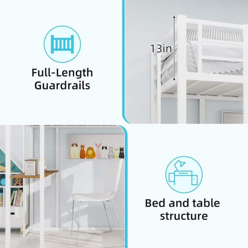Iron frame bed with bed and table, children's and youth home bed with L-shaped desk, iron frame bed with railing and stairs