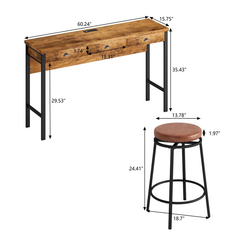 3-Drawer Long Dining Table Set with Power Outlets