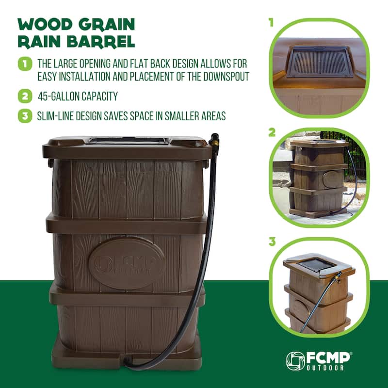FCMP Outdoor WG4000 45 Gal Wood Grain Rain Water Catcher Barrel Container, Brown - 17 x 22 x 32 inches