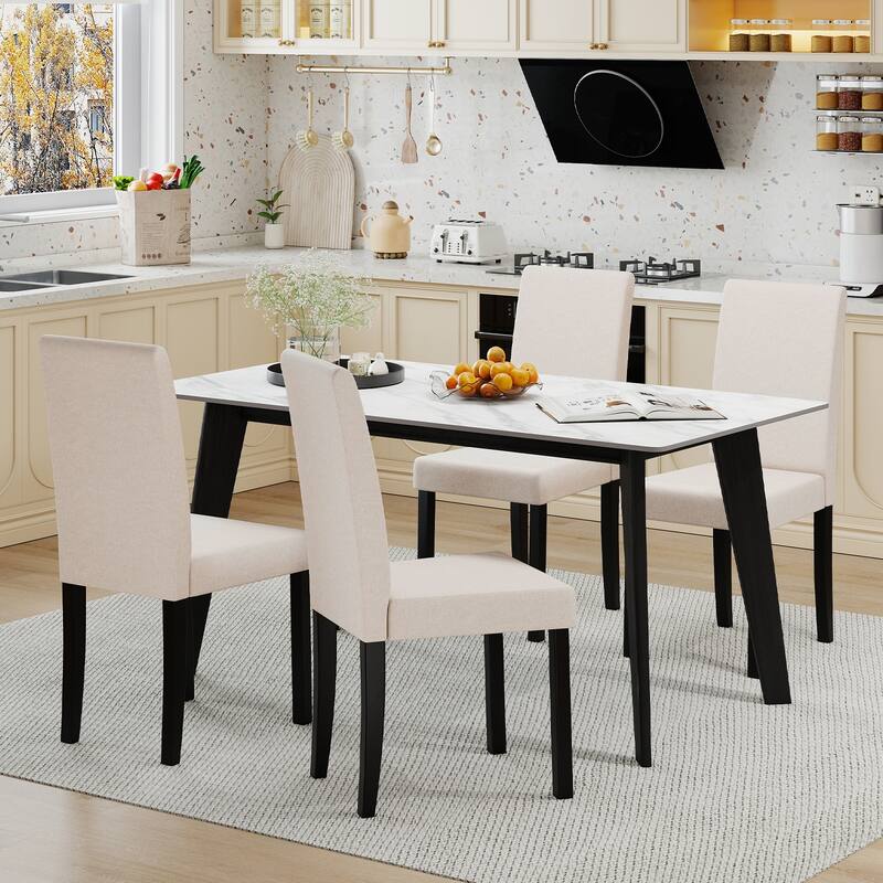 Set of 2 Modern Rubber Wood Dining Chairs with Faux Linen Upholstery and Cushioned Seats - 17" x 22" x 35.5" (L x W x H)