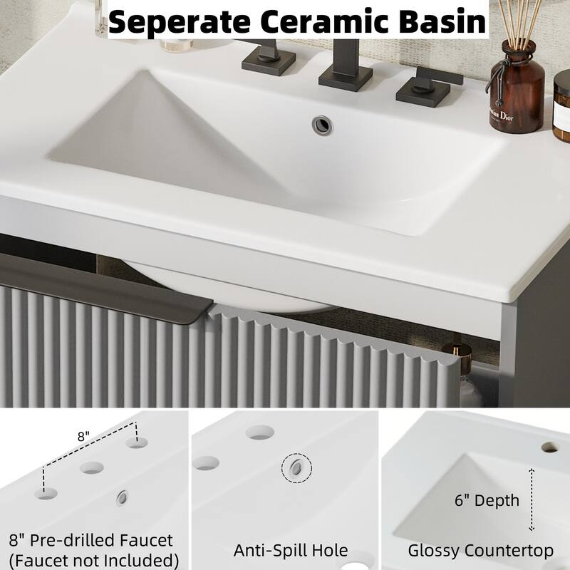 30" Bathroom Vanity with Ceramic Sink and Full-Extension Drawers,Freestanding Vanity with Soft Close Drawer Slides,Fluted Design