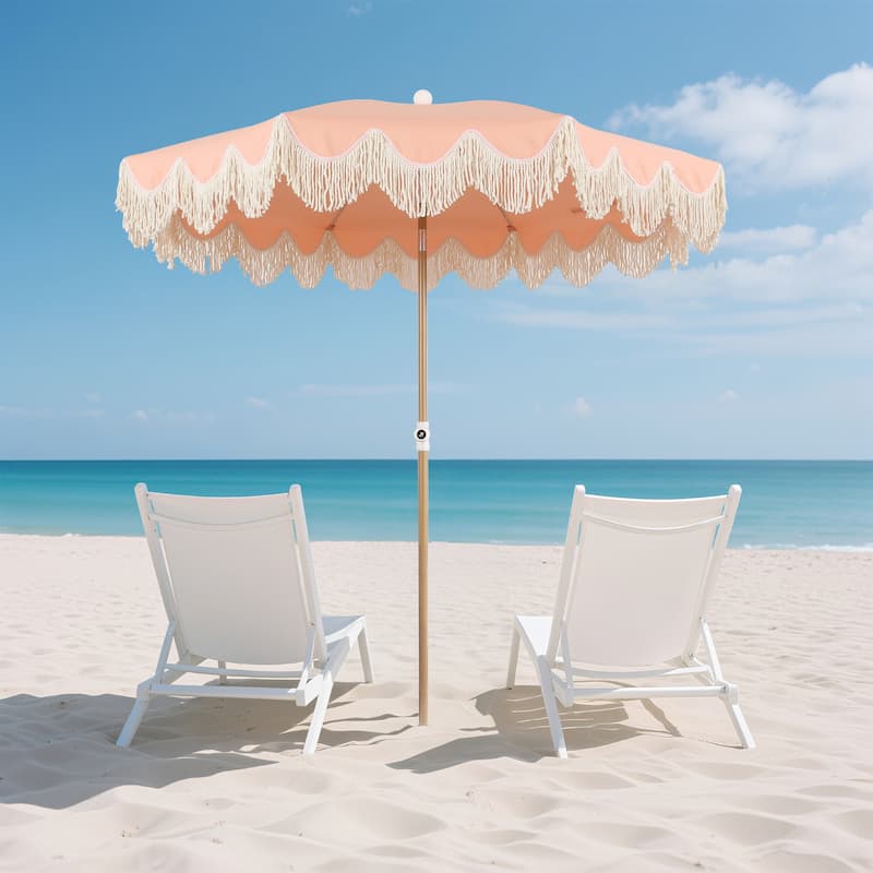 Mariner 6.5ft Classic Fringe Umbrella w/ Tilt & Bag - Coral Pink, Light Brown Pole