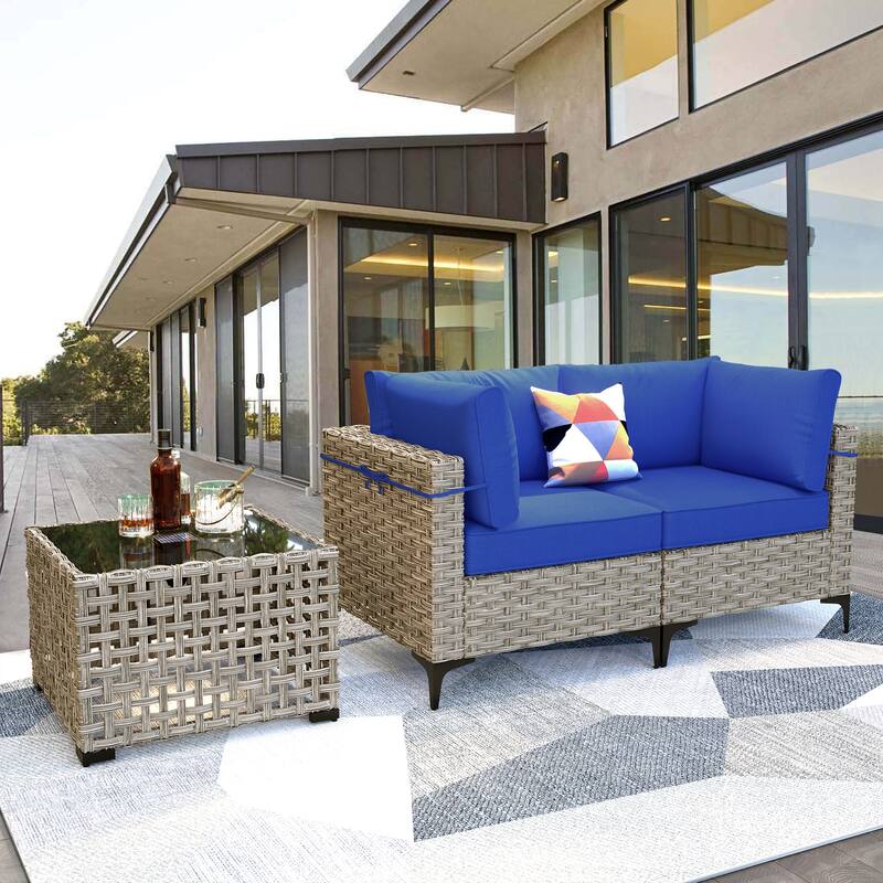 XIZZI 3-piece Rattan Wicker Patio Furniture Set with Coffee Table - Navy Blue