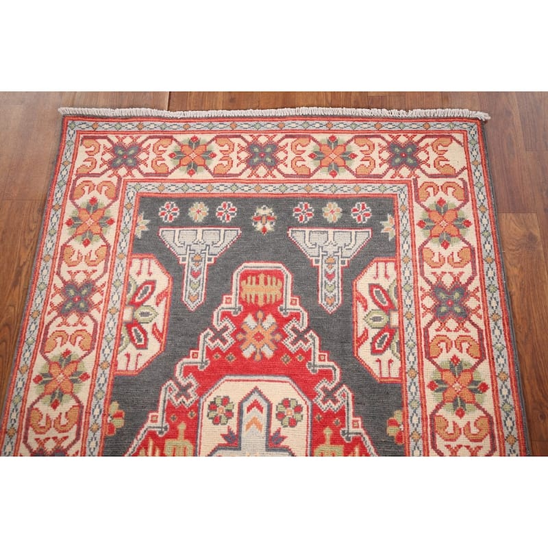 Geometric Kazak Oriental Accent Rug Handmade Grey Wool Carpet - 3'1" x 5'1"