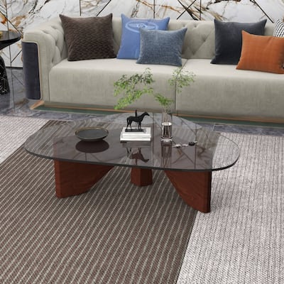 36" Triangular Mid Century Modern Accent Center Coffee Table with Glass Top and Wood Base for Living Room
