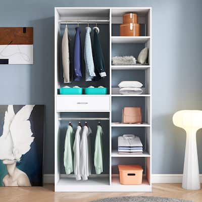 Freestanding Closet System with 6 open Shelves,74.8''Heigh Closet with 1 Wood Drawers,Wood Walk-in Closet with 2 Hanging Rod