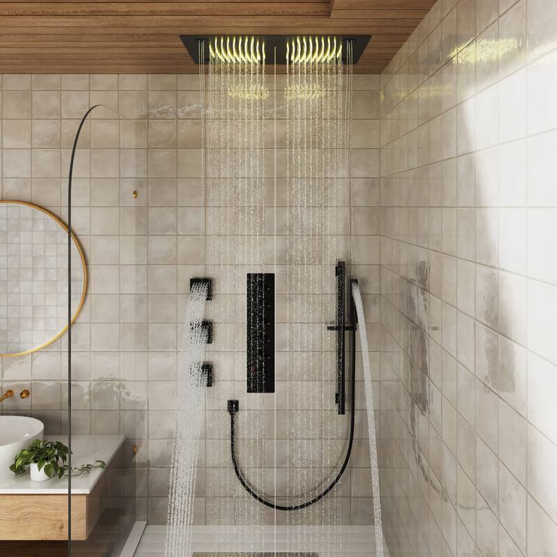 Luxury 5-Spray Patterns 28 in. Ceiling Mount Shower System with Handheld Shower Head, 3 Body Jets, LED, and Music - 16" x 28"