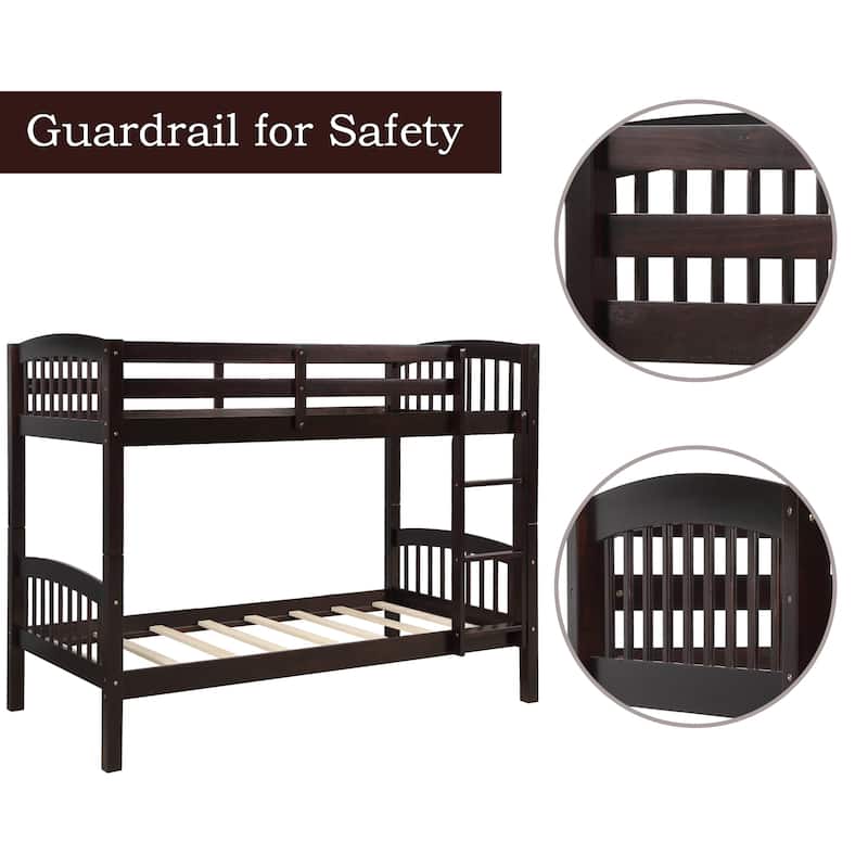 Twin Over Twin Solid Wood Bunk Bed with Ladder, Wooden Support