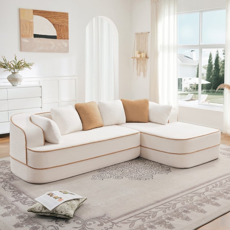 Rossetta 106" Right-Facing Modular L-Shaped Chaise Contrast Color Sectional Teddy Fabric Boneless Sofa - White