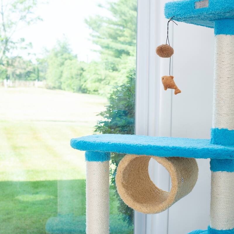 Real Wood Cat Climber, Cat Jungle Tree With Platforms, Skyblue