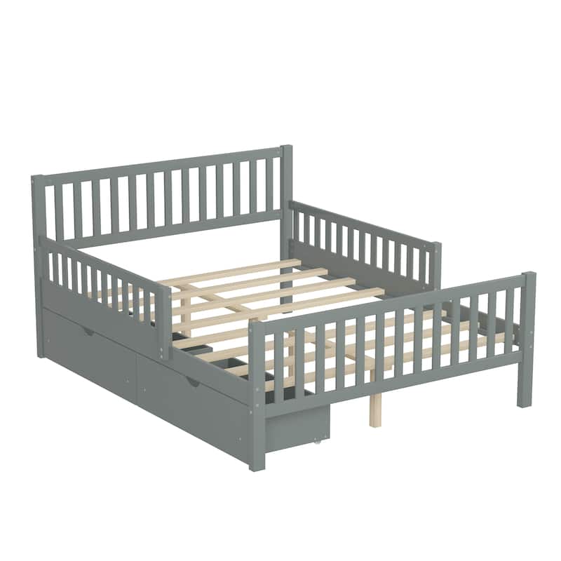 Gray Wood Platform Bed with Guardrails and Two Storage Drawers for Bedroom Space Saving Design