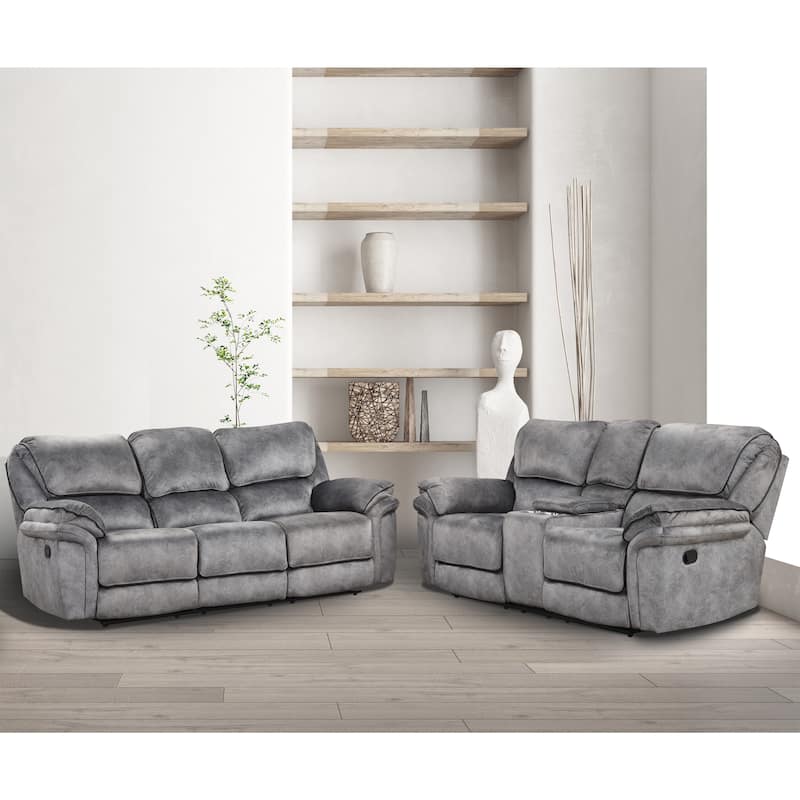 Rory 2-Piece Gray Manual Microsuede Manual Reclining Sofa Set with Power Charging Station - Grey