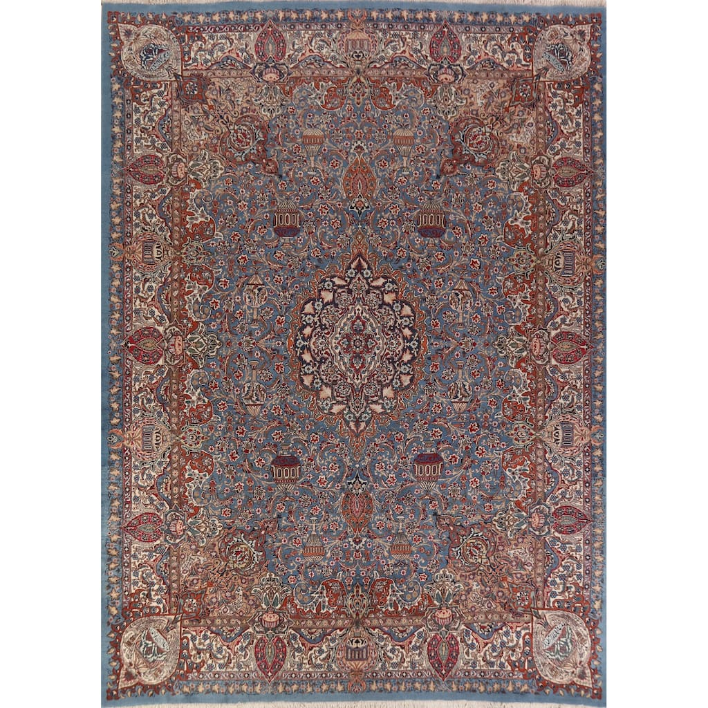 Hand Knotted Oriental 100% Wool Carpet Traditional Floral Navy Blue & Blues Kashmar Area Rug - 12' 9'' X 10' 0''