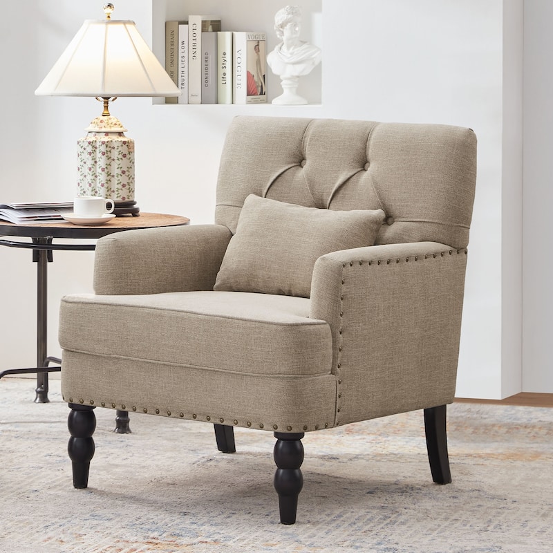 HUIMO Arm Chair Upholstered Button Tufted Accent Chair with Lumbar Pillow Beige/ Grey/ Light Blue/Brown - Light Brown