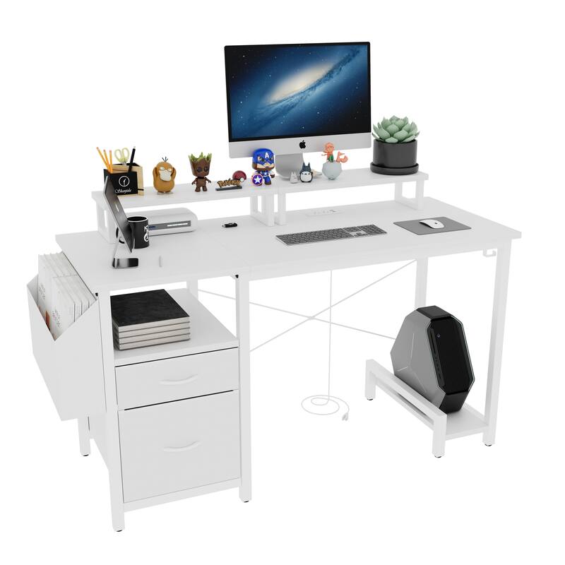 Anmytek Sturdy Office Desk with Power Outlet 2 Monitor Stands 2 Drawers Side Pocket Reversible Frame