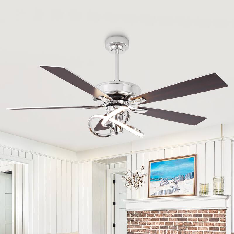 52" Chrome Modern Plywood 5-Blade Ceiling Fan with LED Light and Remote - 52 in. D x 52 in. W x 15.25 in. H