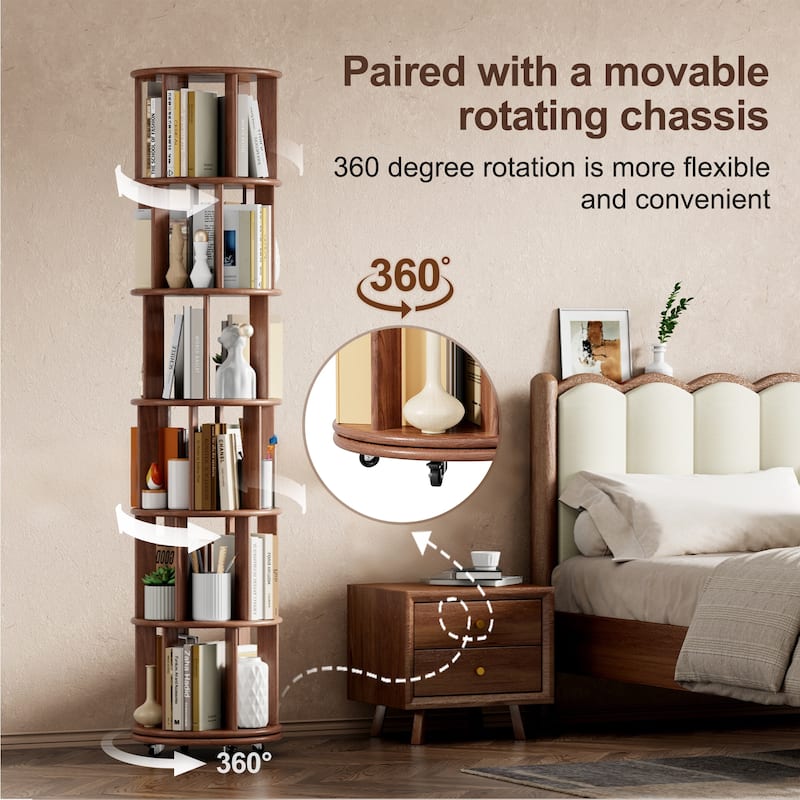 100%Solid Wood Rotating Bookshelf on Wheels, 6 Tier, Round Revolving Bookcase, 360°Spinning Book Shelf Tower, Narrow Bookshelves