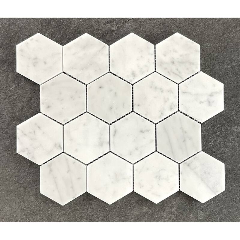 3" Honed Hexagon Marble Mosaic Tiles - Case (10 Sheets) - White Carrara (Honed)