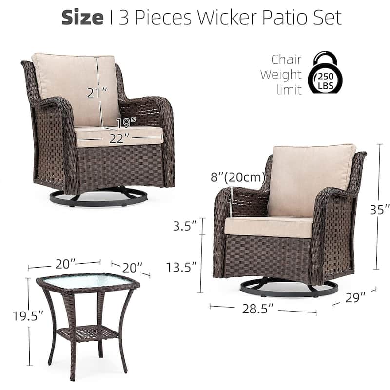 3 Pieces Outdoor Swivel Wicker Glider Patio Chairs with Table Set