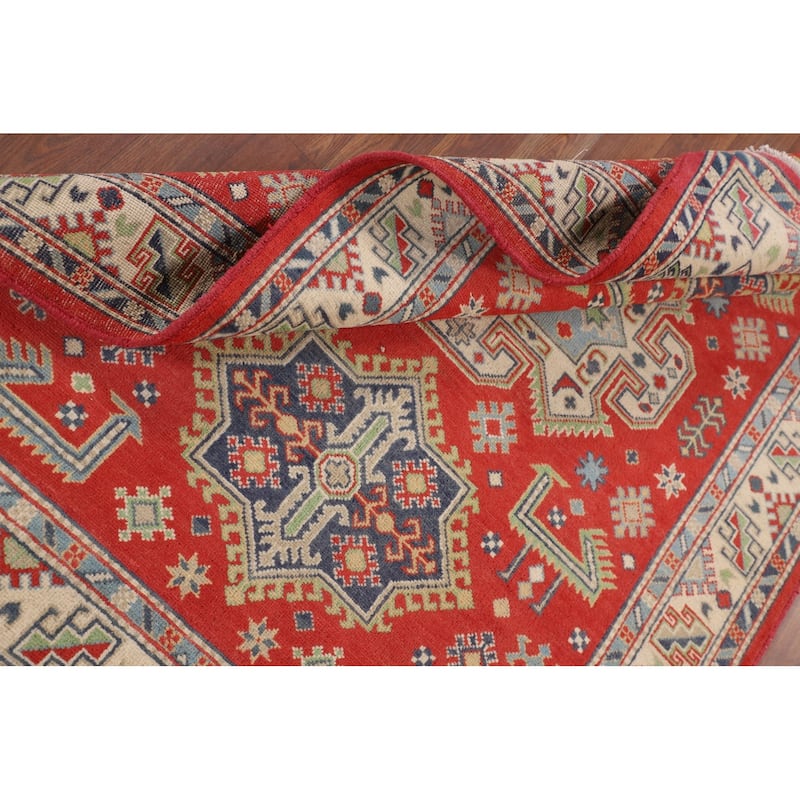 Geometric Kazak Accent Rug Handmade Wool Carpet - 4'2" x 5'9"