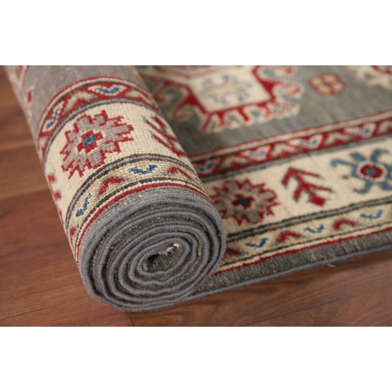 Gray Geometric Kazak Runner Rug Handmade Wool Carpet - 2'9" x 16'5"