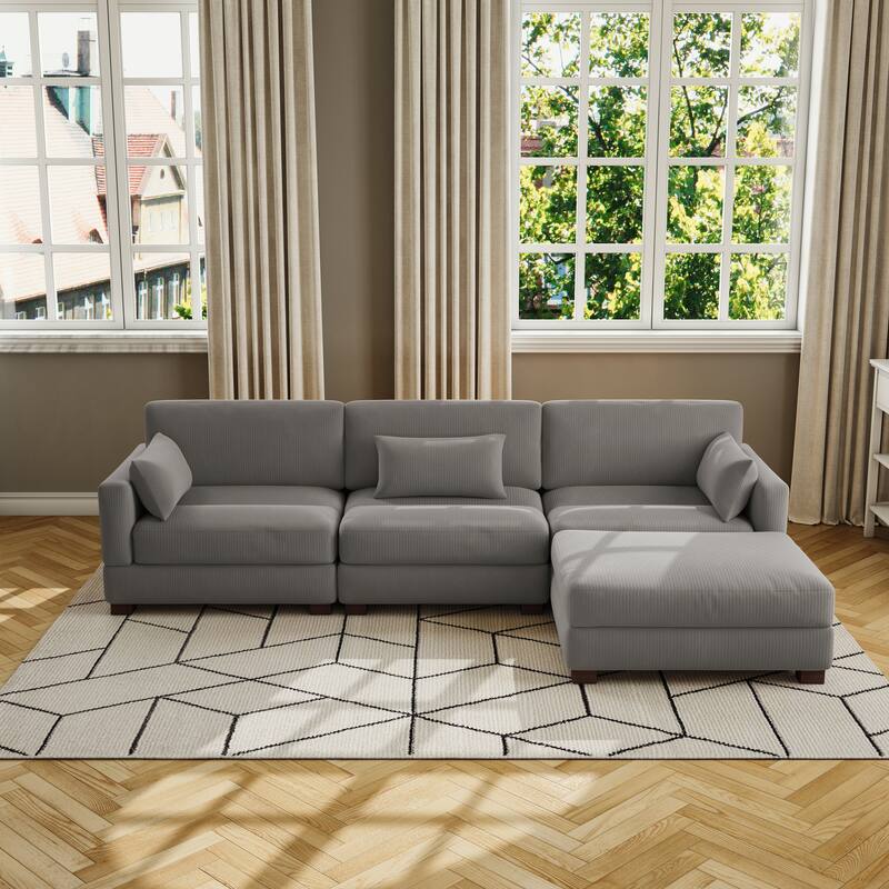 Corduroy Modular Sectional Sofa with Ottoman and Pillows