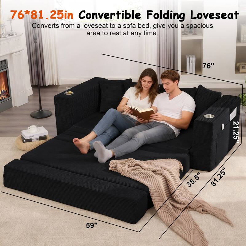 Convertible Sofa Bed, 76" Boneless Loveseat Couch 2 in 1 Foldable Floor Sofa Couch with 2 Cup Holders, Folding Sleeper Chair