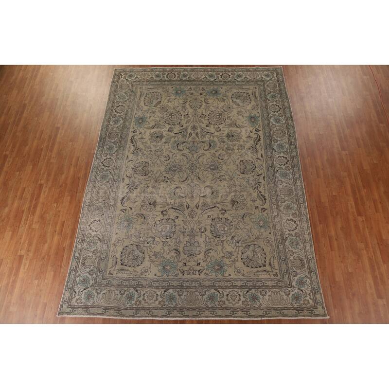 Distressed Tabriz Persian Vintage Area Rug Handmade Pink Wool Carpet - 9'7" x 12'10"
