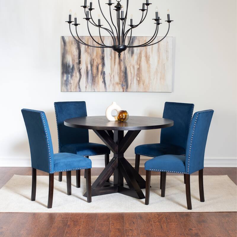 5-Piece Compact Dining Table and Chairs Set Modern Dining Table and Chairs Set with Chrome Nailhead Trim Chairs for Kitchen - Blue