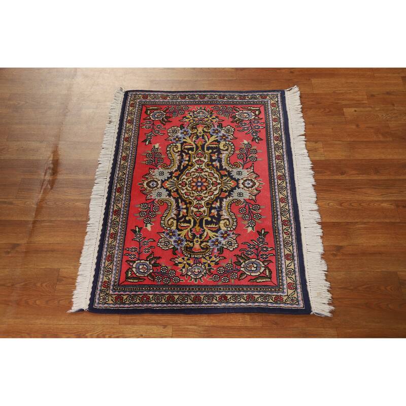Hand Knotted Oriental Kork Wool Carpet Traditional Medallion Pink Qum Area Rug - 3' 0'' X 2' 1''