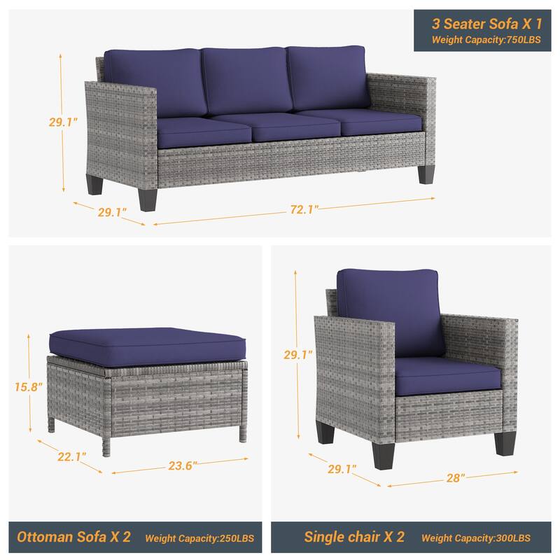 LIVOOSUN 5Pcs Patio Furniture Set Grey Rattan Coversation Seating Set