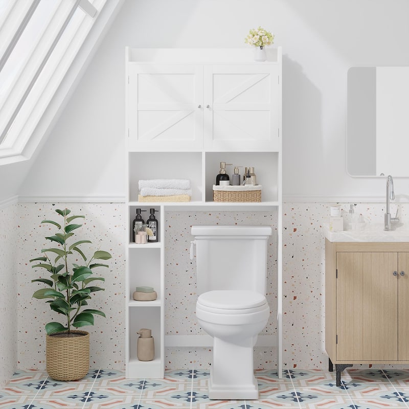 Over-The-Toilet Storage Cabinet with Adjustable Shelf, Bathroom Space Saver with Double Doors and Open Shelves