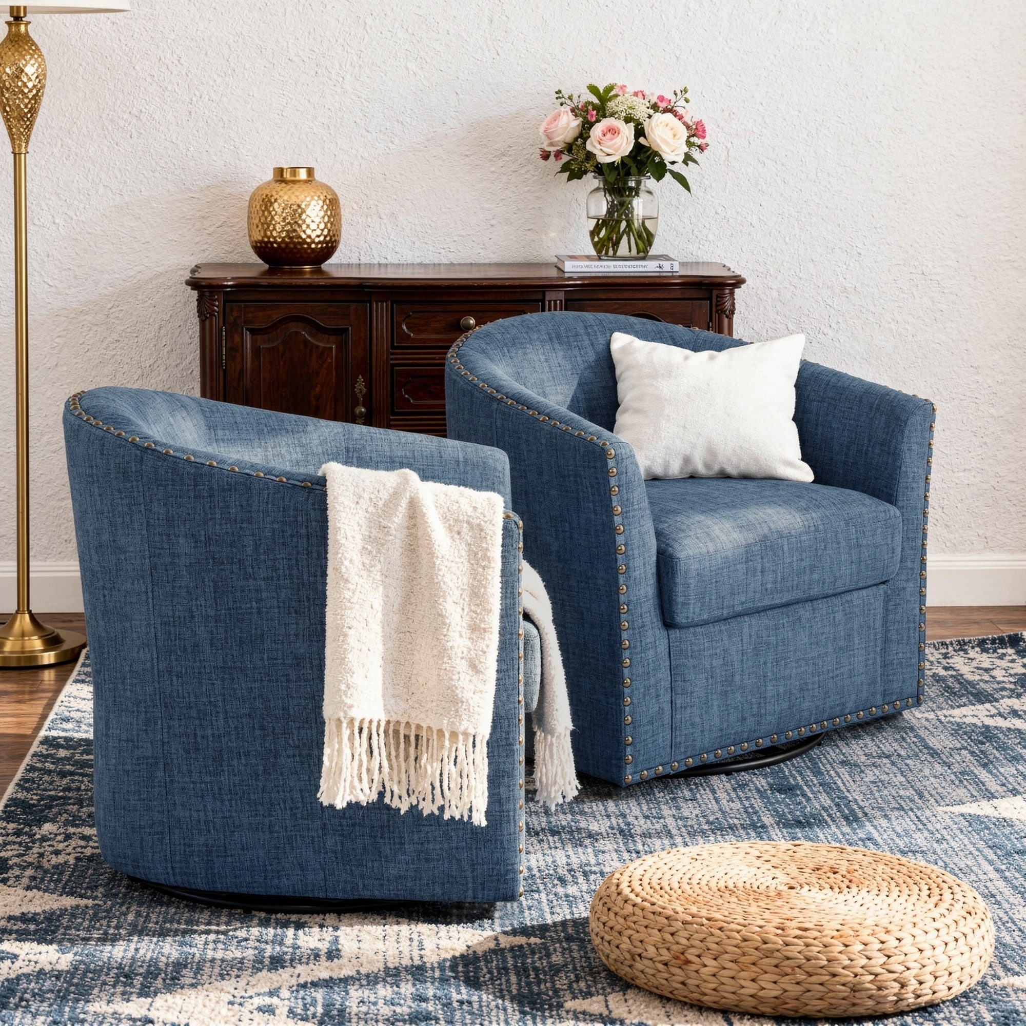 Nailhead Trim Upholstered Barrel Chair Swivel Accent Chairs Set of 2