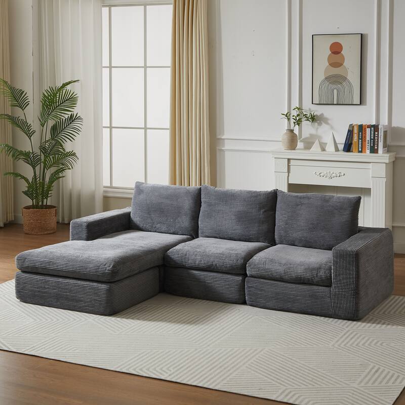 L-Shaped Sectional Sofa with Chaise Lounge, Corduroy Upholstered Boneless Couch, Module Corner Sofa with 3 Pillows
