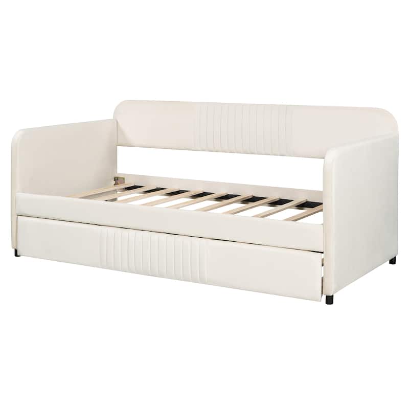 Roomfitters Twin Size Upholstered Daybed with Trundle, Velvet Fabric Sofa Bed with Wood Slats