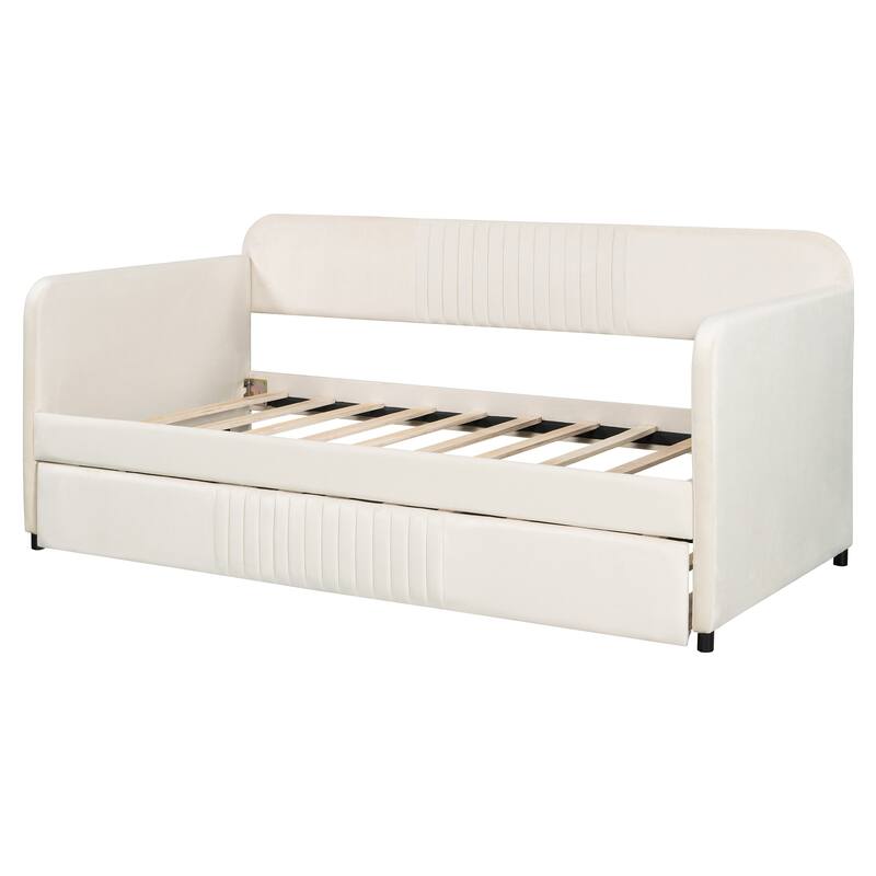 Twin Size Upholstered Daybed Sofa Bed with Trundle and Wood Slat, Light Blue/Beige/Gray