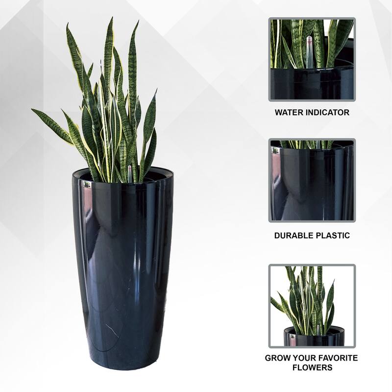 XBrand 29.5" H Plastic Self Watering Indoor Outdoor Tall Round Planter Pot, Decorative Gardening Pot, Home Décor Accent