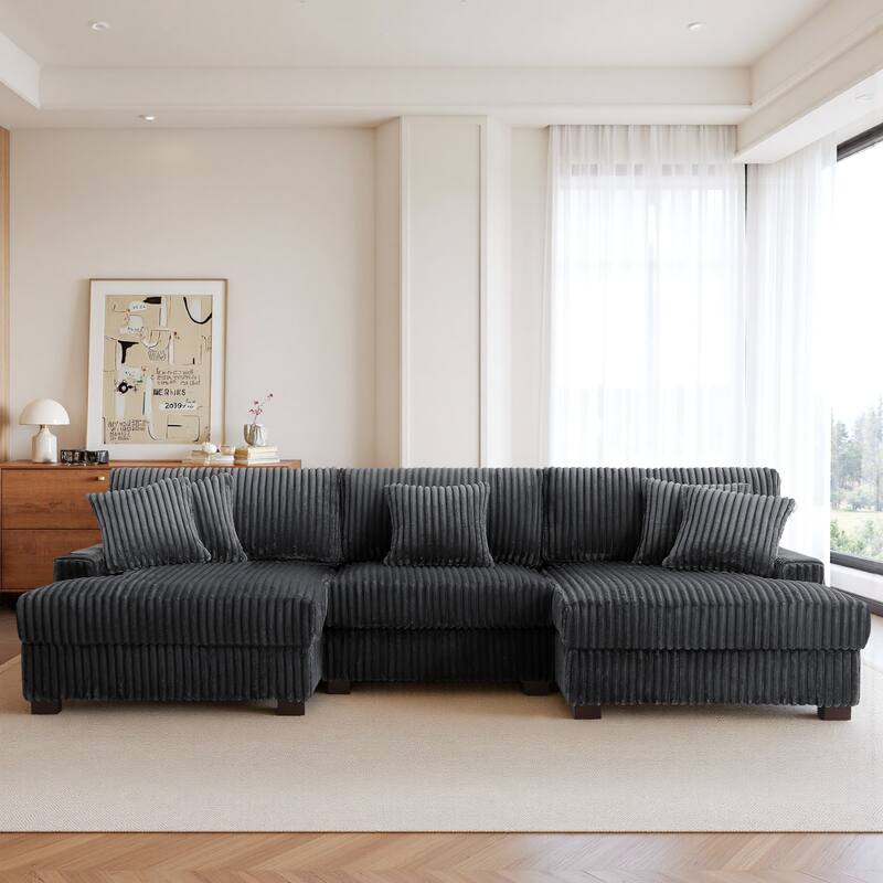 118.3" W U-Shape Plush Corduroy Upholstered Comfy Cloud Sectional Sofa - Grey