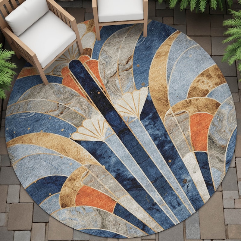 Machine Washable Indoor/Outdoor Contemporary Mosaic Chantille Rug - Navy - 8' x 8'