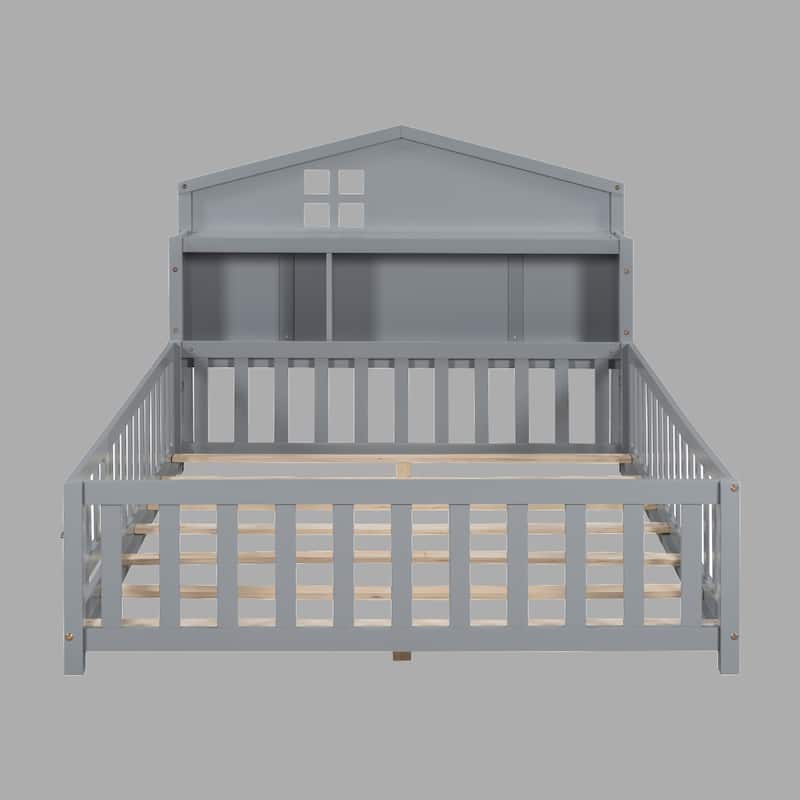 Kids Montessori Floor Bed with Bookcase and Blackboards, Full Size, Solid Wood with Guardrails for Safety - Grey - Full