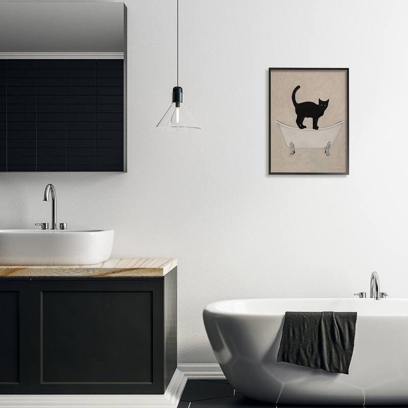 Stupell Black Cat Simple Claw Foot Bathtub Bathroom Painting Framed Wall Art