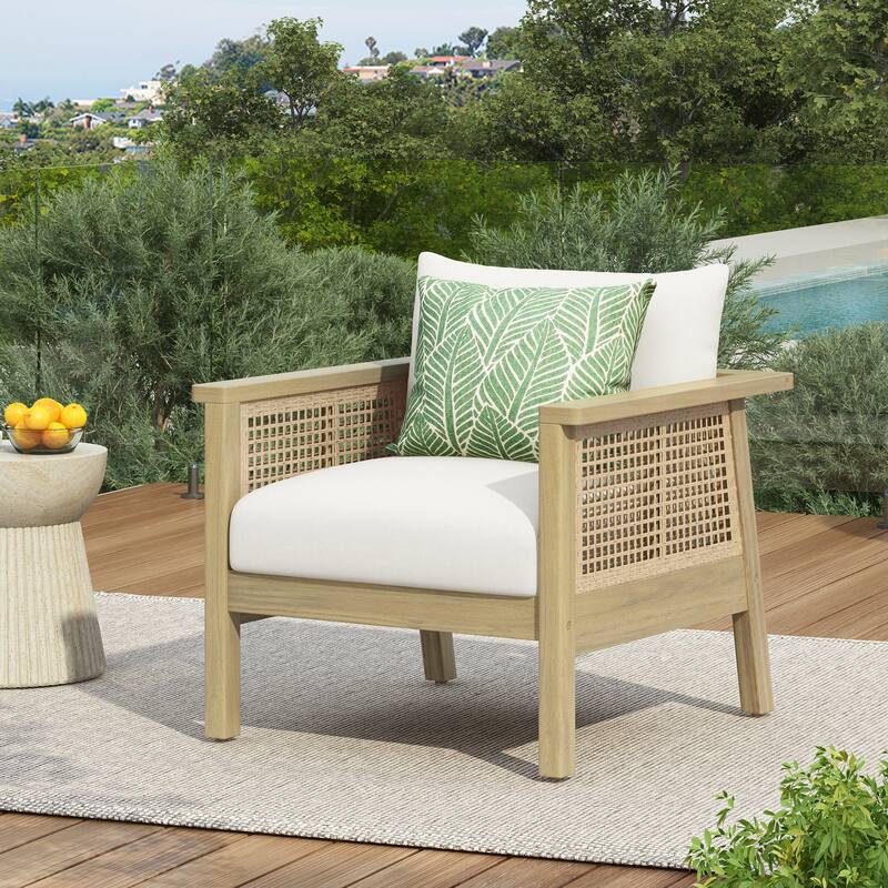 Christopher Knight Home - Outdoor Acacia Wood & PE Wicker Club Chair with Detachable Cushion - Light Teak - Single