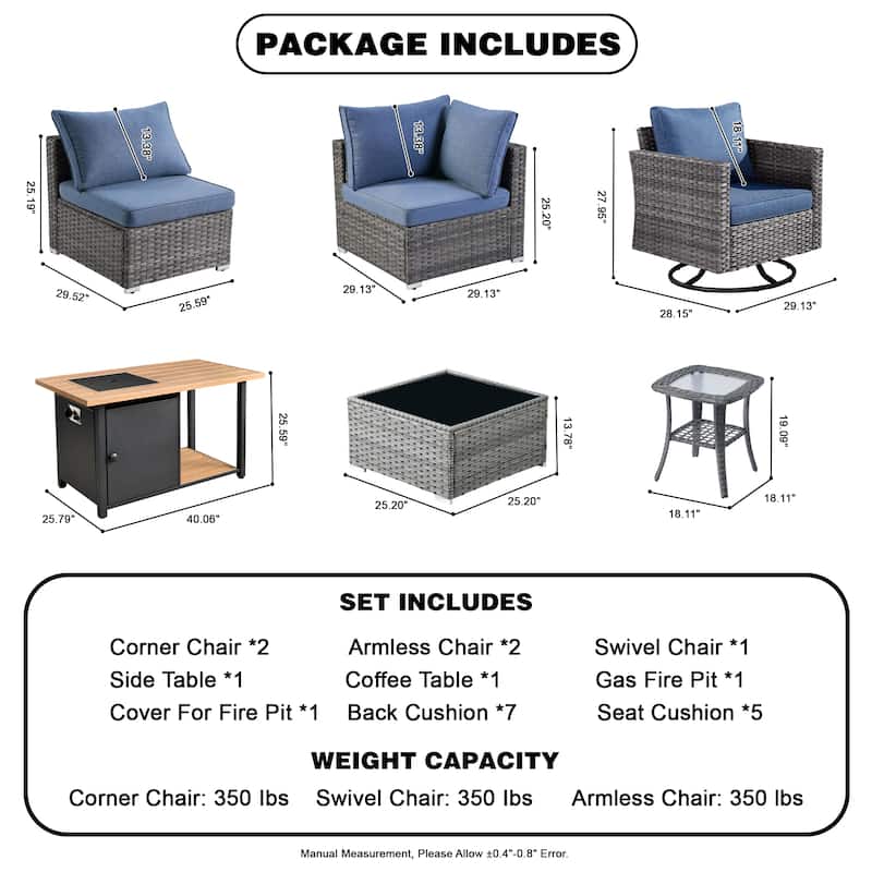 XIZZI 8-piece Outdoor Patio Furniture Sectional Set with Fire Pit Table
