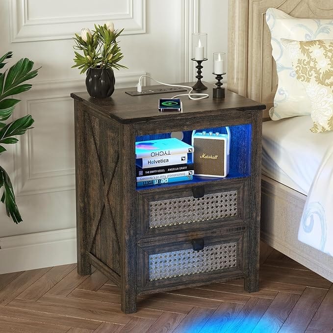 Nightstand with LED Night Stand with Rattan Drawers - Rustic Brown
