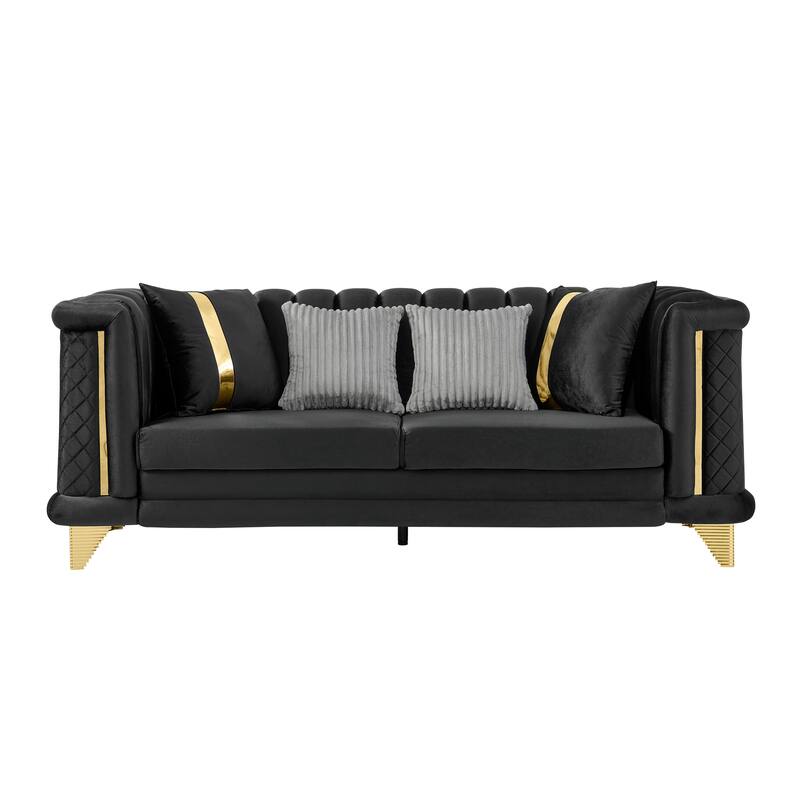 89" Velvet Luxury 3-Seater Sofa and Mid-Century Modern Tufted Couch with Gold Trims and 4 Premium Pillows
