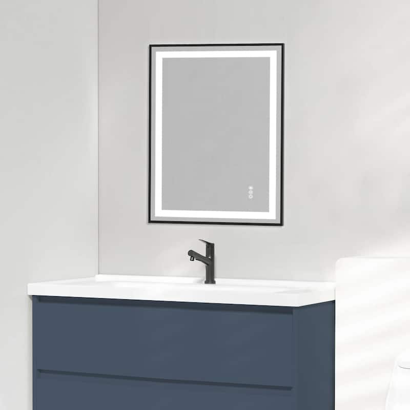 Topcraft Black Framed Tempered Glass Mirror with Dual LED Strip Lighting