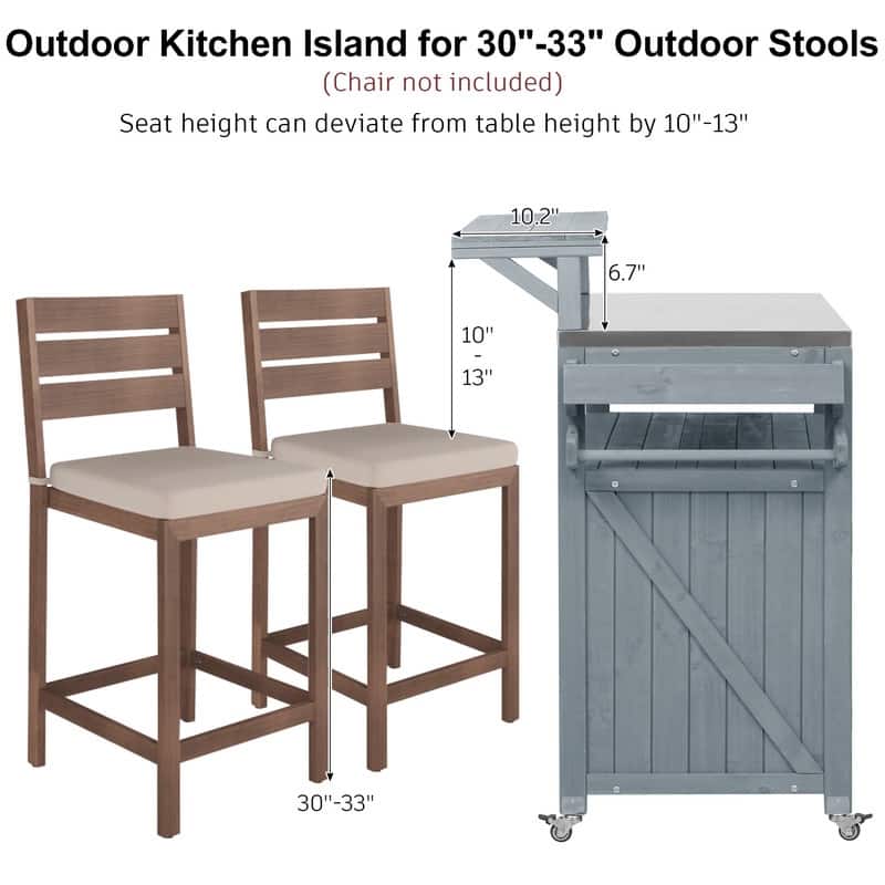 Outdoor Kitchen Island, Solid Wood Storage Cabinet with Stainless Steel Top and Lockable Wheels