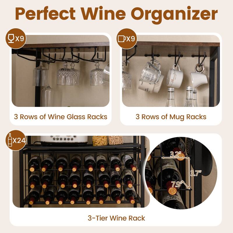 Gymax 3-Tier Wine Rack Coffee Bar Station w/Power Outlets Hooks Glass